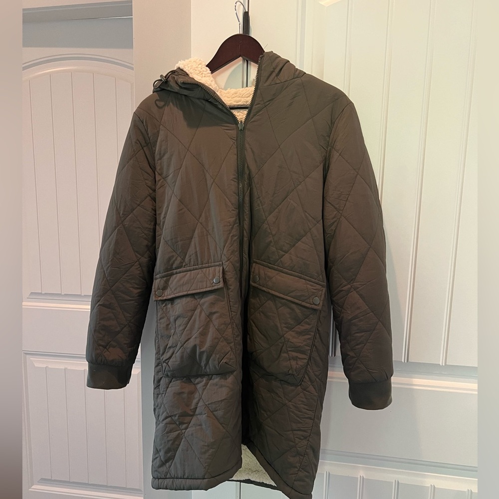 Mid length reversible  Sherpa lined winter coat